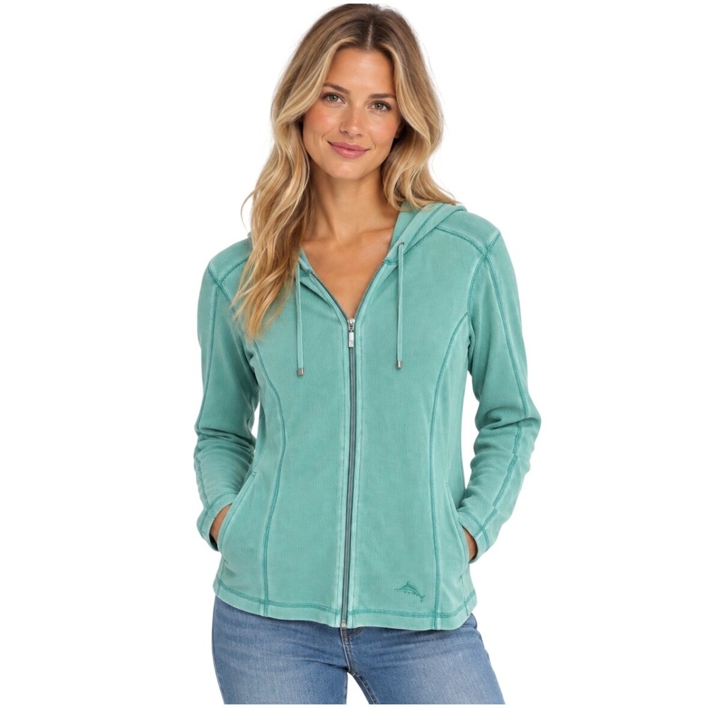 Tommy Bahama Womens Full Zip Hoodie Green Ribbed Knit Jacket Large